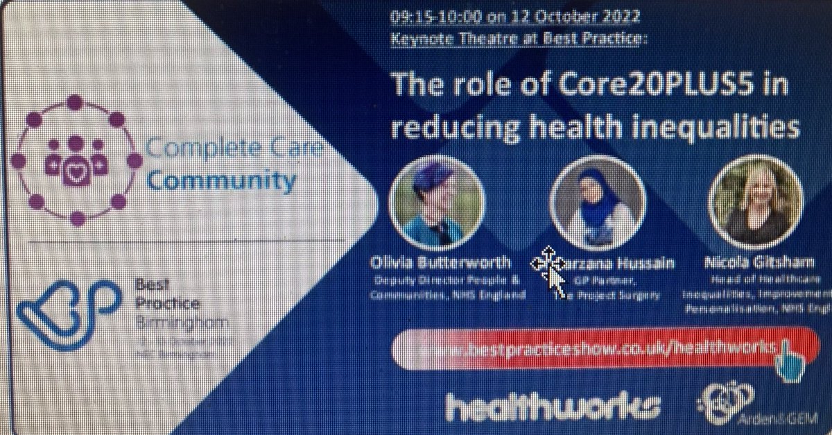 Only 2 sleeps to go! Join us at ⁦@BestPracticeUK⁩ on the panel session “The role of Core20plus in reducing Health inequalities” with the Complete Care Community Programme ⁦@LiviButt⁩ ⁦@nicolagitsham⁩ ⁦@JamesPKingsland⁩ ⁦@ardengem⁩