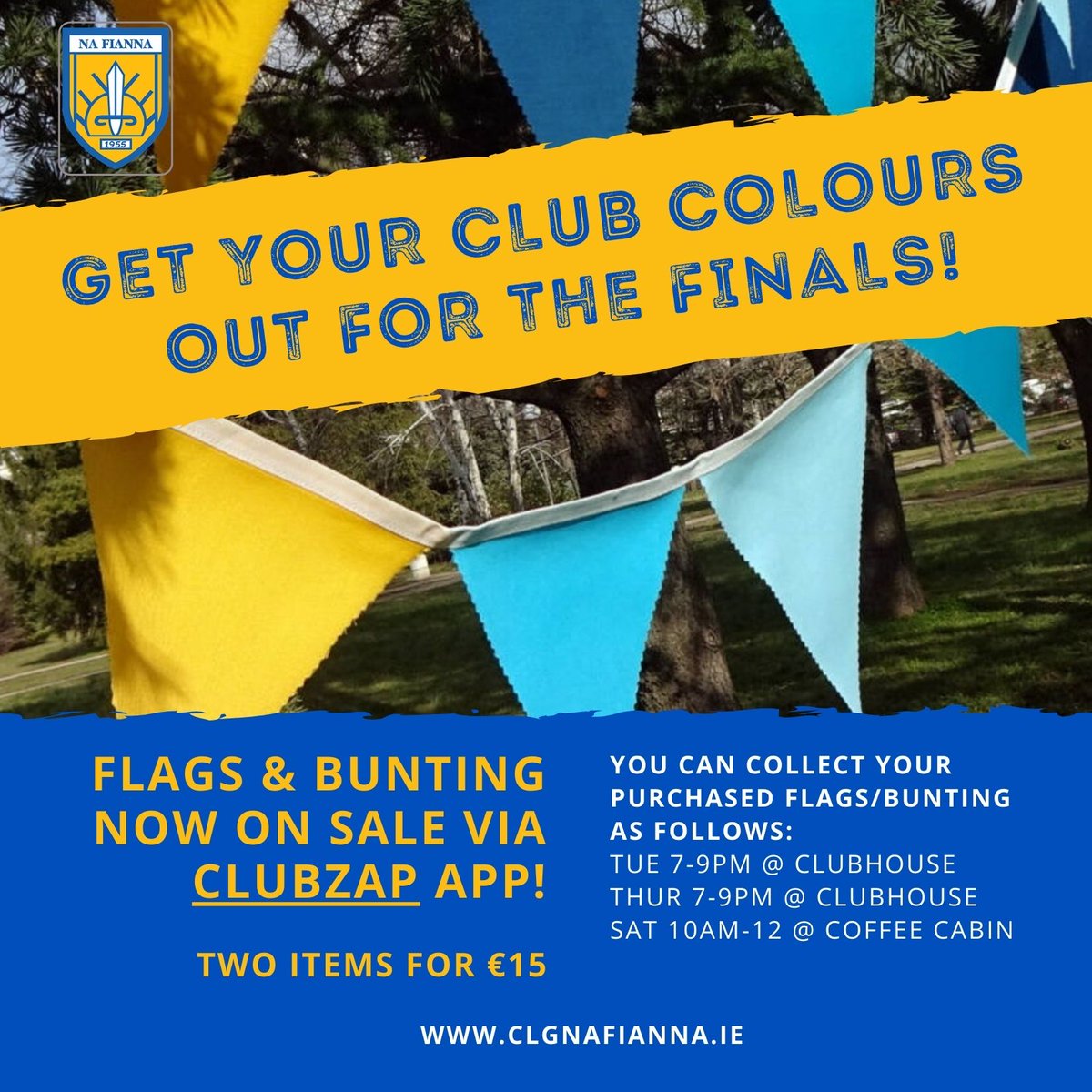We hear lots of people are looking for club colours to display in the run up to our next 2 senior finals.
Flags + bunting now available to purchase on the website/clubzap (€15 for two items): clgnafianna.clubzap.com/products/9511/…
Let's turn the neighbourhood yellow + blue! #NaFiannaAbu