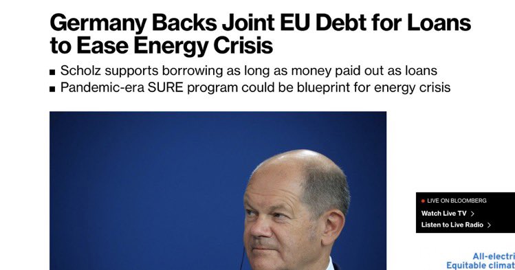 Això és molt important !!
🇩🇪El Canceller #Scholz dóna suport a nou deute públic de la UE emès conjuntament per fer front a la crisi energètica.
🇪🇺 La Comissió Europea emet bons i ofereix préstecs als estats membres el condicions favorables !!
👇👇👇👇

bloomberg.com/news/articles/…