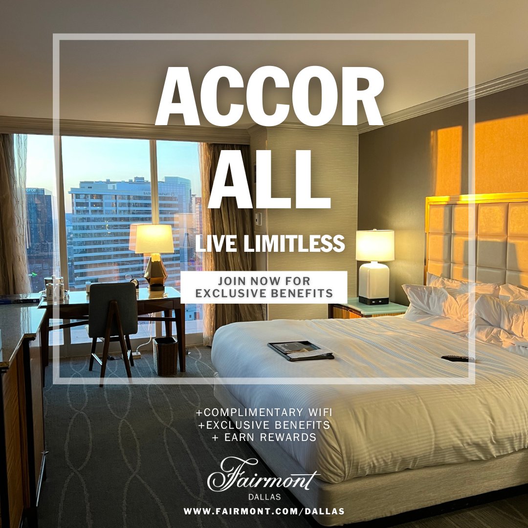 Get the most out of your stay by joining the Accor ALL loyalty program! Enjoy complimentary WiFi, exclusive benefits, and more when you join. 

To learn more, visit fairmont.com/dallas.