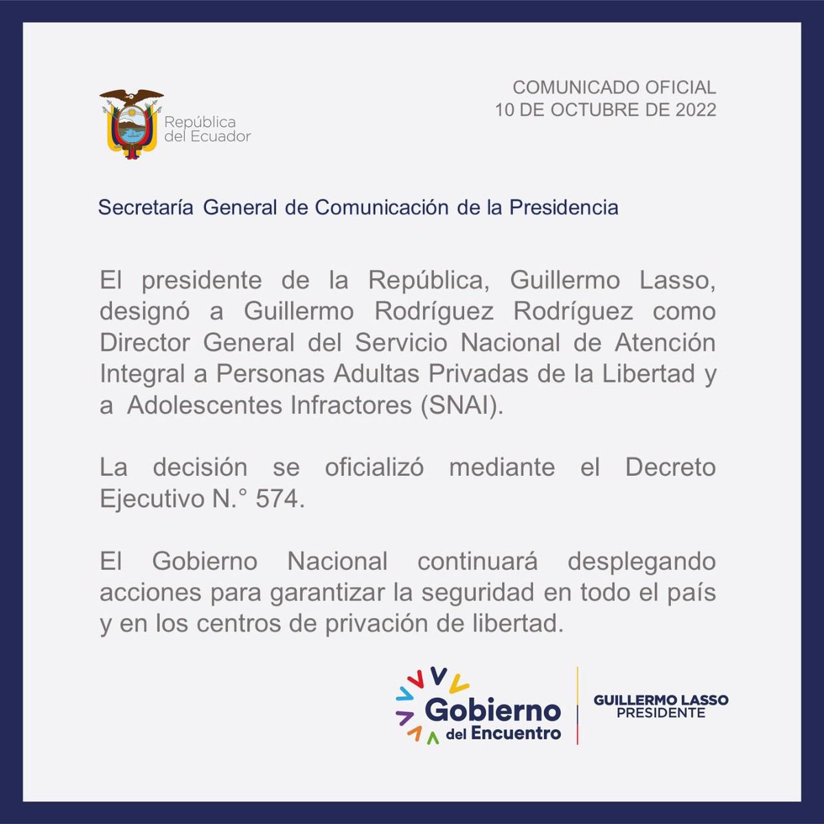 dayannamonroy's tweet photo. El presidente, Guillermo Lasso, designó a Guillermo Rodríguez Rodríguez como Director General del Servicio Nacional de Atención a Personas Privadas de la Libertad (SNAI). 

Pablo Ramírez dejó la dirección hace una semana. Estuvo en frente 10 meses. https://t.co/J8lW6YFrp2