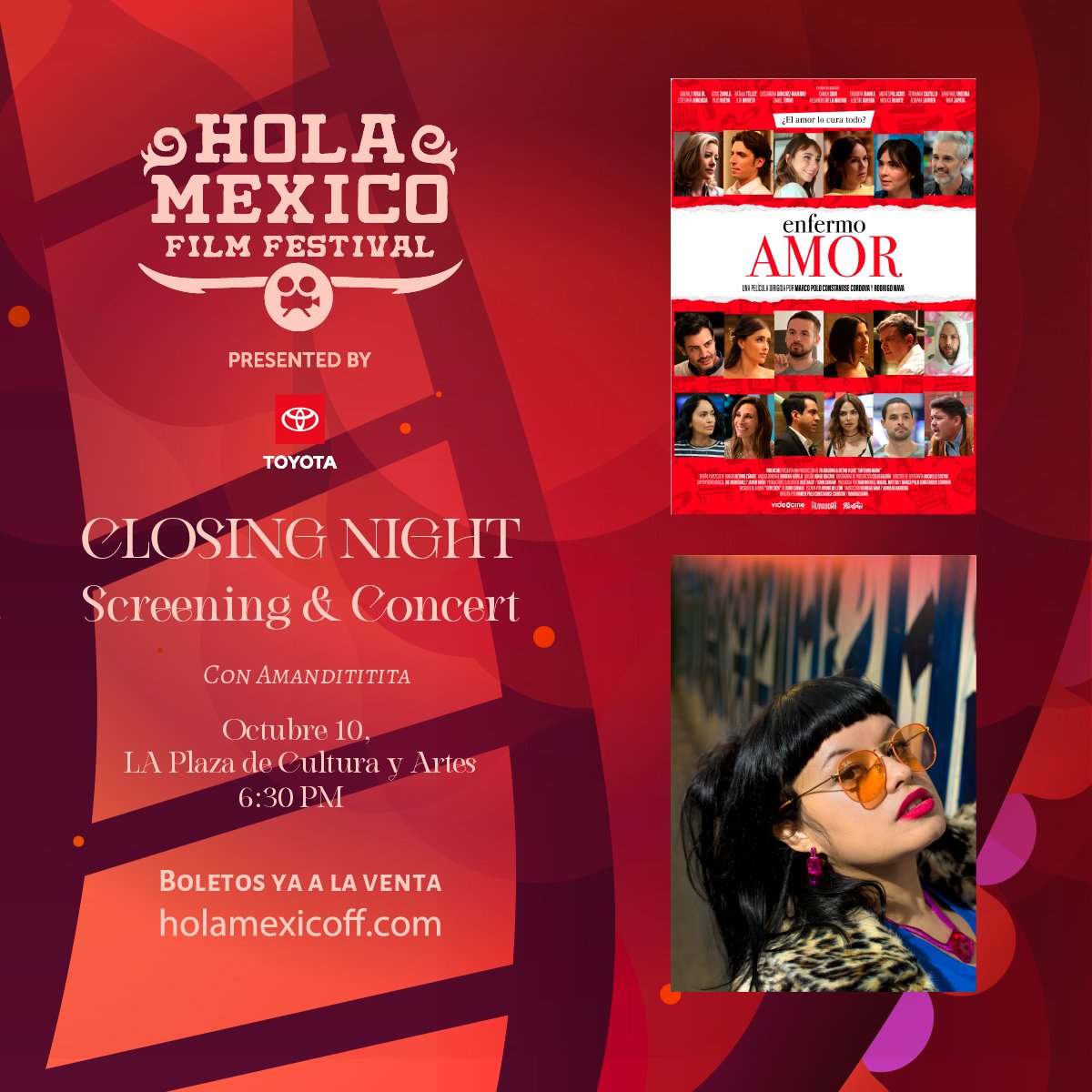 holamexicoff's tweet photo. TODAY CLOSING NIGHT! 🎬🎤

Screening "Enfermo Amor" &amp; concert with Amandititita! 
6:30 PM

Oct. 10, 2022 

#cinema #festival #HOLAMEXICOFF2022 #holamexicofilmfestival #HMFF https://t.co/EBJf2R3HYh