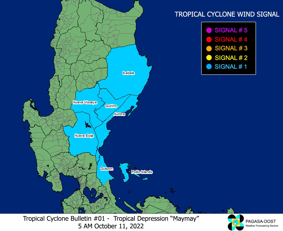 dost_pagasa's tweet photo. TROPICAL CYCLONE BULLETIN NO. 1
Tropical Depression “#MaymayPH”
Issued at 5:00 AM, 11 October 2022
Valid for broadcast until the next bulletin at 11:00 AM today

THE LOW-PRESSURE AREA EAST OF CASIGURAN, AURORA DEVELOPED INTO TROPICAL DEPRESSION “MAYMAY”

DOST-PAGASA https://t.co/6SI4Ru0pw4