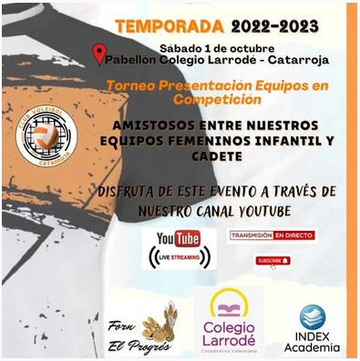 CV_Catarroja's tweet photo. #ClubVoleibolCatarroja fa història de nou al presentar als seus equips de competició inf i cad fem de #voleibol @fvbcv al #ColegioLarrodé en #Catarroja. Molta emoció en el nostre retorn! #Forn_El_Progrés #Academia_Index  
#Sompoble #Somvòlei #CEIP_Vil·la_Romana #Massanassa #Albal https://t.co/h0cfhfqZ9s