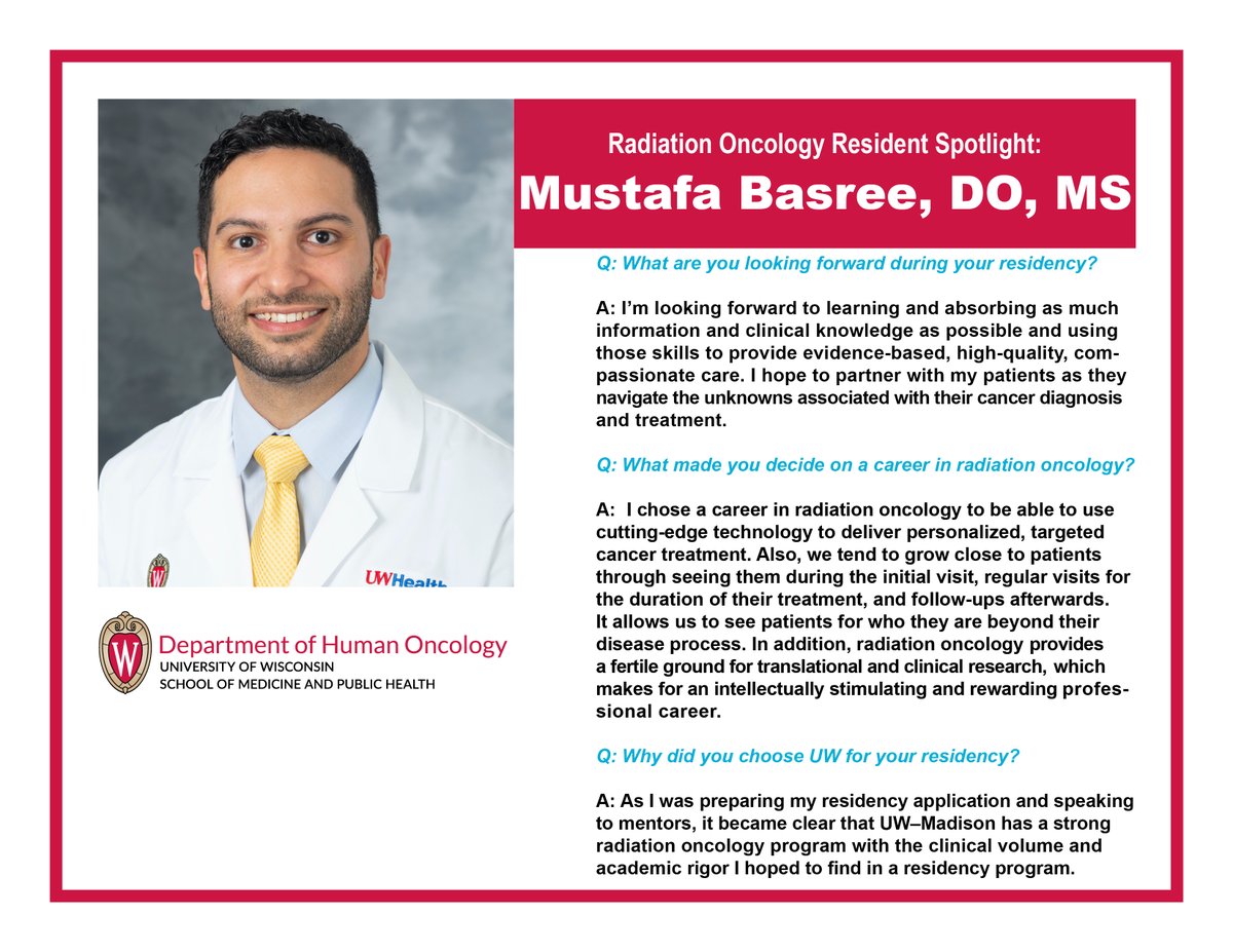 UW Department of Human Oncology (@uw_radoncdho) on Twitter photo <a href="/UW_RadoncDHO/">UW Department of Human Oncology</a> welcomes <a href="/mustafabasree/">Mustafa Basree, DO MS | مصطفى بصري</a> to the Radiation Oncology Residency Program. Dr. Basree earned his DO at the University of Pikeville College of Osteopathic Medicine. Find out more about him below. <a href="/UW_RadoncDHO/">UW Department of Human Oncology</a> welcomes <a href="/mustafabasree/">Mustafa Basree, DO MS | مصطفى بصري</a> to the Radiation Oncology Residency Program. Dr. Basree earned his DO at the University of Pikeville College of Osteopathic Medicine. Find out more about him below.