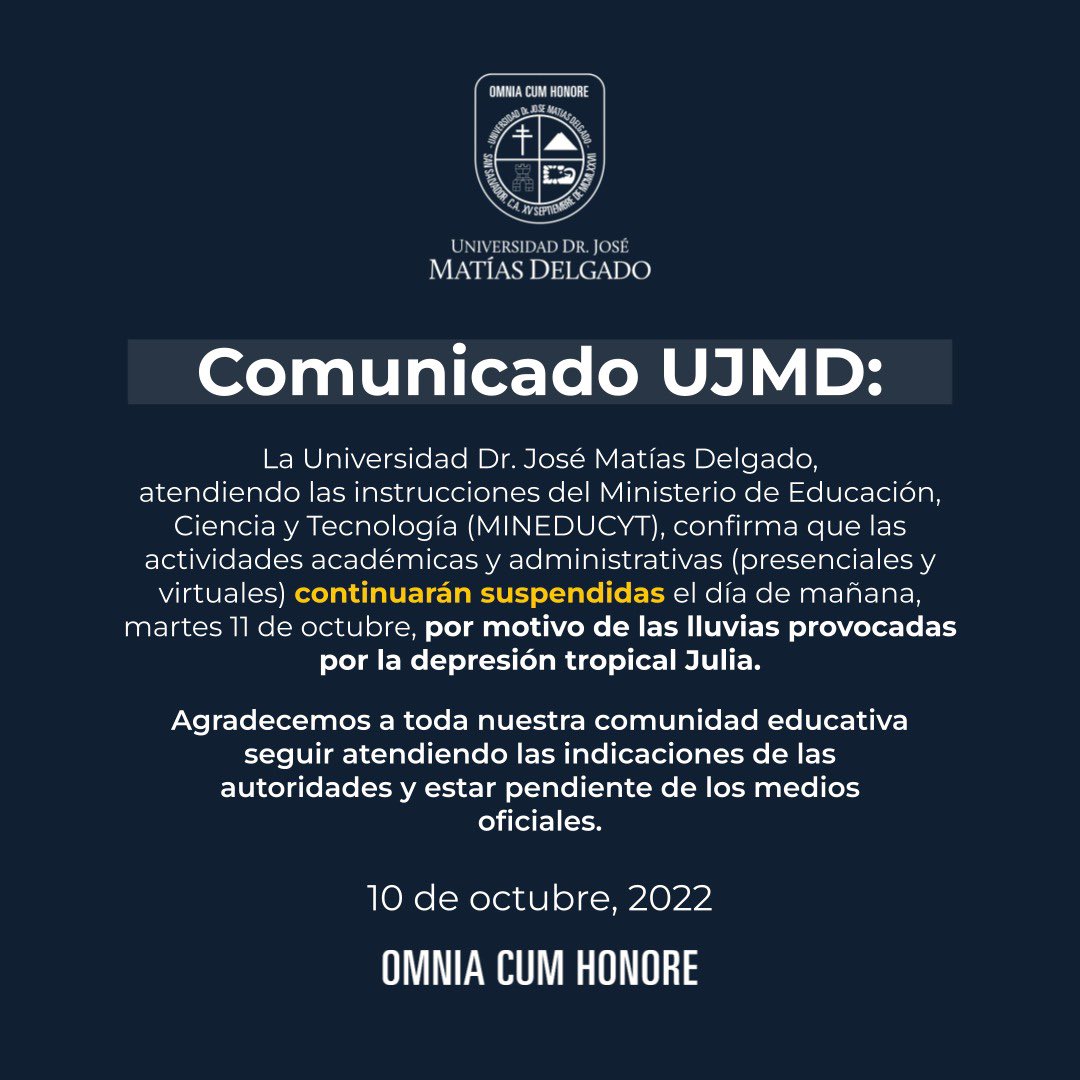 📌Información sobre la suspensión de las actividades académicas y administrativas (presenciales y virtuales) para martes 11 de octubre, por motivo de las lluvias provocadas por la depresión tropical Julia.

Les pedimos seguir al pendiente de los medios oficiales.