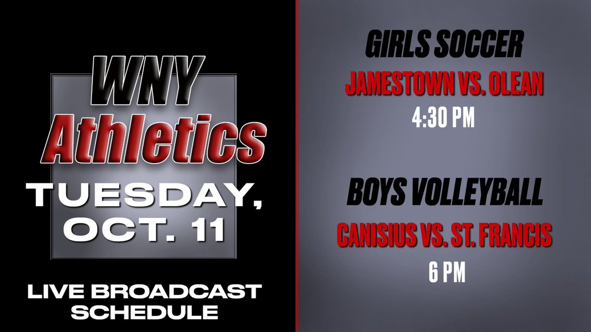 WNYAthletics's tweet photo. 📺TUESDAY ON WNY ATHLETICS📺

⚽️Jamestown vs. Olean 
4:30 p.m.

🏐Canisius vs. St. Francis
6 p.m.

https://t.co/vU6XR6QOM8 https://t.co/YeeY3ordRH