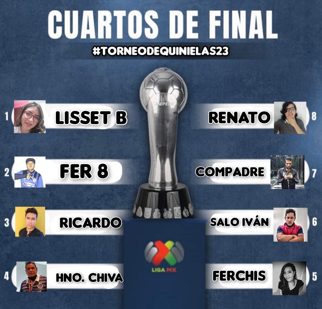 SalooMonster7's tweet photo. 4TOS DE FINAL...
#TorneoDeQuinielas23
#Apertura2022
#LigaMX
* @Lisset33788351 vs @renatoronte
* #Fer8 vs @angelgermano8
* #Ricardo vs @SalooMonster7
* @chowi_182 vs @Ferch_nanda11 https://t.co/biPraywDzg