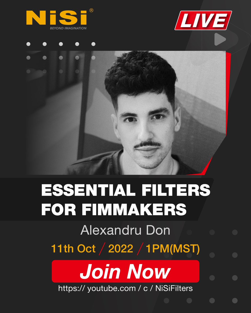 NISI LIVE STREAMING EVENT - Tuesday October 11 @ 1pm MDT

Join us for this live streaming event with Alexandru Don and host Aaron King they discuss and share tips about the essential filters for filmmakers!

Youtube Link -> youtu.be/HP3bYg86i04

#nisi #nisifilters #nisiswift