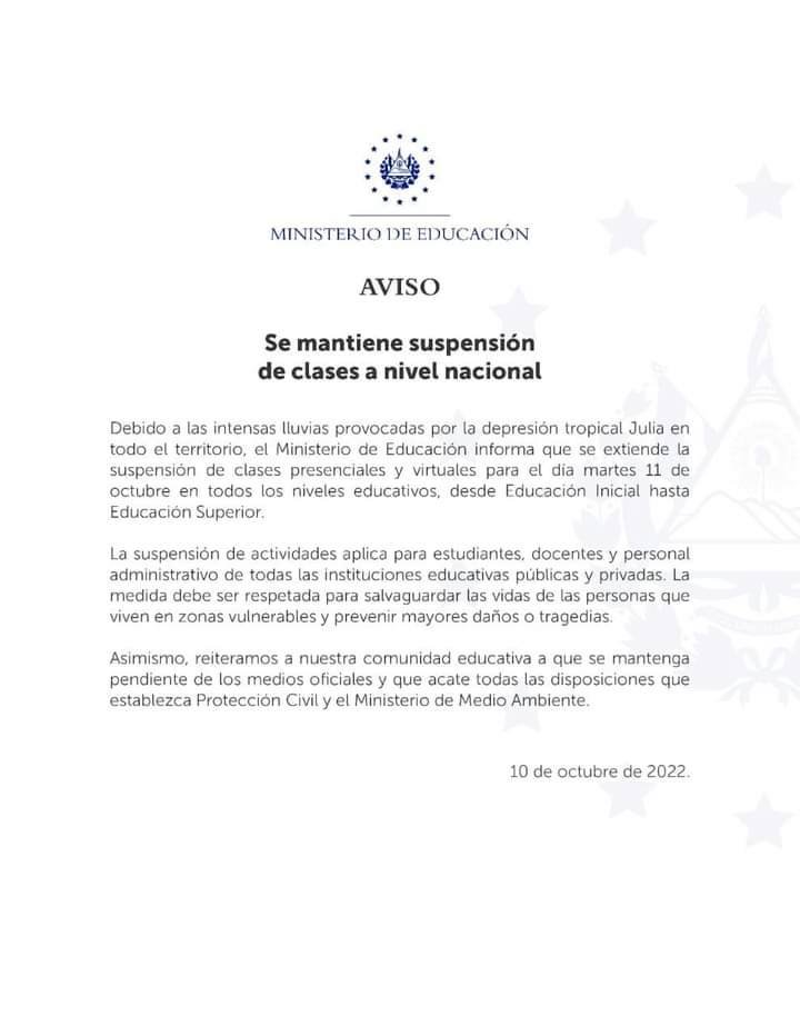 ESA_Noticias's tweet photo. Ministerio de Educación informa que se extiende la suspensión de clases para mañana, martes 11 de octubre. 
La disposición aplica para estudiantes, docentes y personal administrativo de los centros educativos públicos y privados. https://t.co/Tl6U3Jnod9