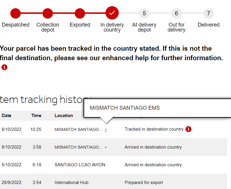 BannaMagda's tweet photo. @parcelforce What does this mean? My parcel has been in Santiago, Chile for 5 days. It should be in Concepcion, Chile by now. Why is it stuck here? It was posted 2 weeks ago and cost me £120 for a small box. I need it to be delivered asap. https://t.co/5nn3mngCmm