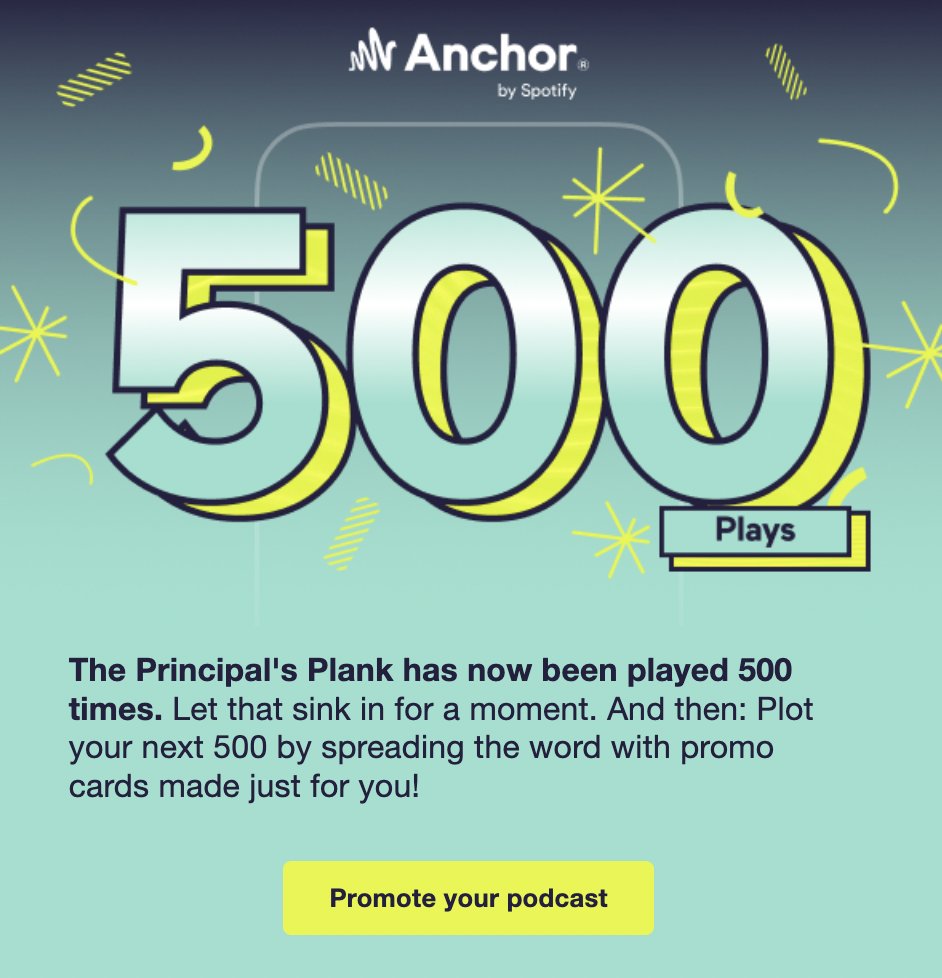 My Principal Plank Podcast anchor.fm/michael-niehoff just hit the 500 listen mark. I'm going to keep it up by continuing to share the learning journeys of our students and teachers. #PBL #SEL #StudentVoice #Podcasts #Principals #Leadership #DeeperLearning #FutureReady