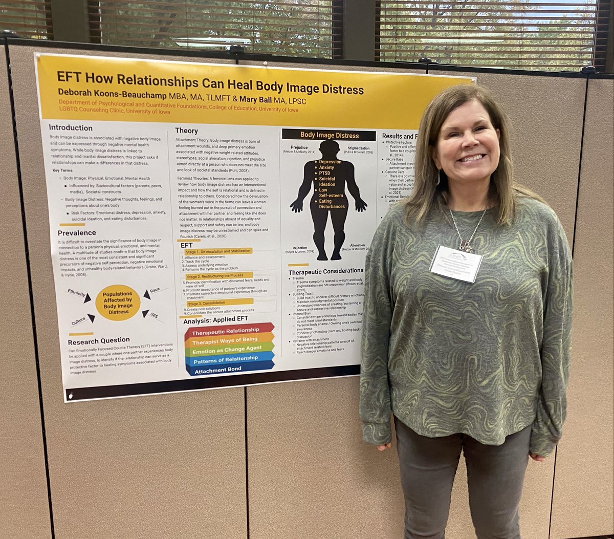 UIowaCFT's tweet photo. Doctoral candidate @deborah_koons also presented (co-author Mary Ball) a poster at the Intervention Research in Systemic Family Therapy Annual Conference last week titled "Emotionally Focused Couple Therapy: When Relationships Can Heal Body Image Distress." Great job! https://t.co/GQJyJtEErt