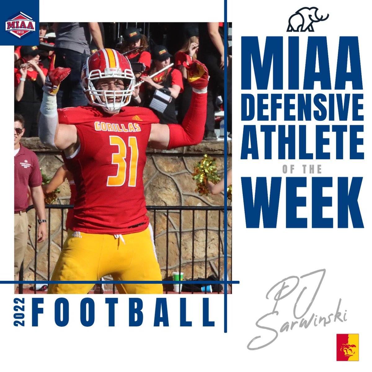 🆕 MIAA Football Athletes of the Week, presented by @MammothBuilt🏈⤵️  

<a href="/GorillasFB/">Pitt State Football</a>'s PJ Sarwinski was named week six's MIAA Offensive Defensive Athlete of the Week👏

🔗| bit.ly/3VfiLAq
#BringYourAGame