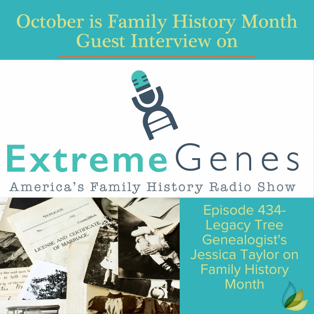 LegacyTree's tweet image. October is Family History Month in the United States. Legacy Tree Founder and Genealogist Jessica Taylor was interviewed on Extreme Genes Podcast about simple ways to start to focus on family history. tinyurl.com/35dczhkx
#legacytree