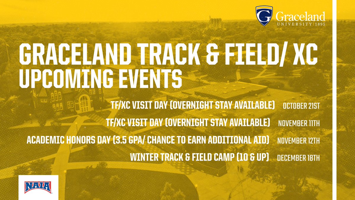 GracelandU_TFXC's tweet photo. We're excited to host prospective student-athletes for this semesters recruiting events! 

Mark your 📆✔️ 
Look into joining us today‼️

 Apply 📝
 https://t.co/KLcpxbpApN

Recruiting Questionnaire
https://t.co/zEJETZcV5I

Visit 🔗
https://t.co/WjzBsQHR0M https://t.co/S2YOZMyJuS
