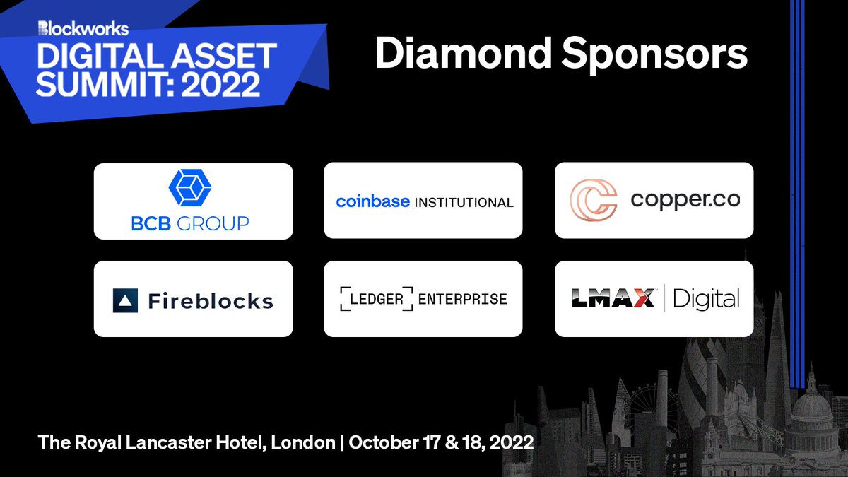 We can't wait to host #DAS 🇬🇧 alongside our diamond sponsors: - @BCBcrypto - @CoinbaseInsto - @CopperHQ - @FireblocksHQ - @Ledger_business - @LMAX Tickets: daslondon.co