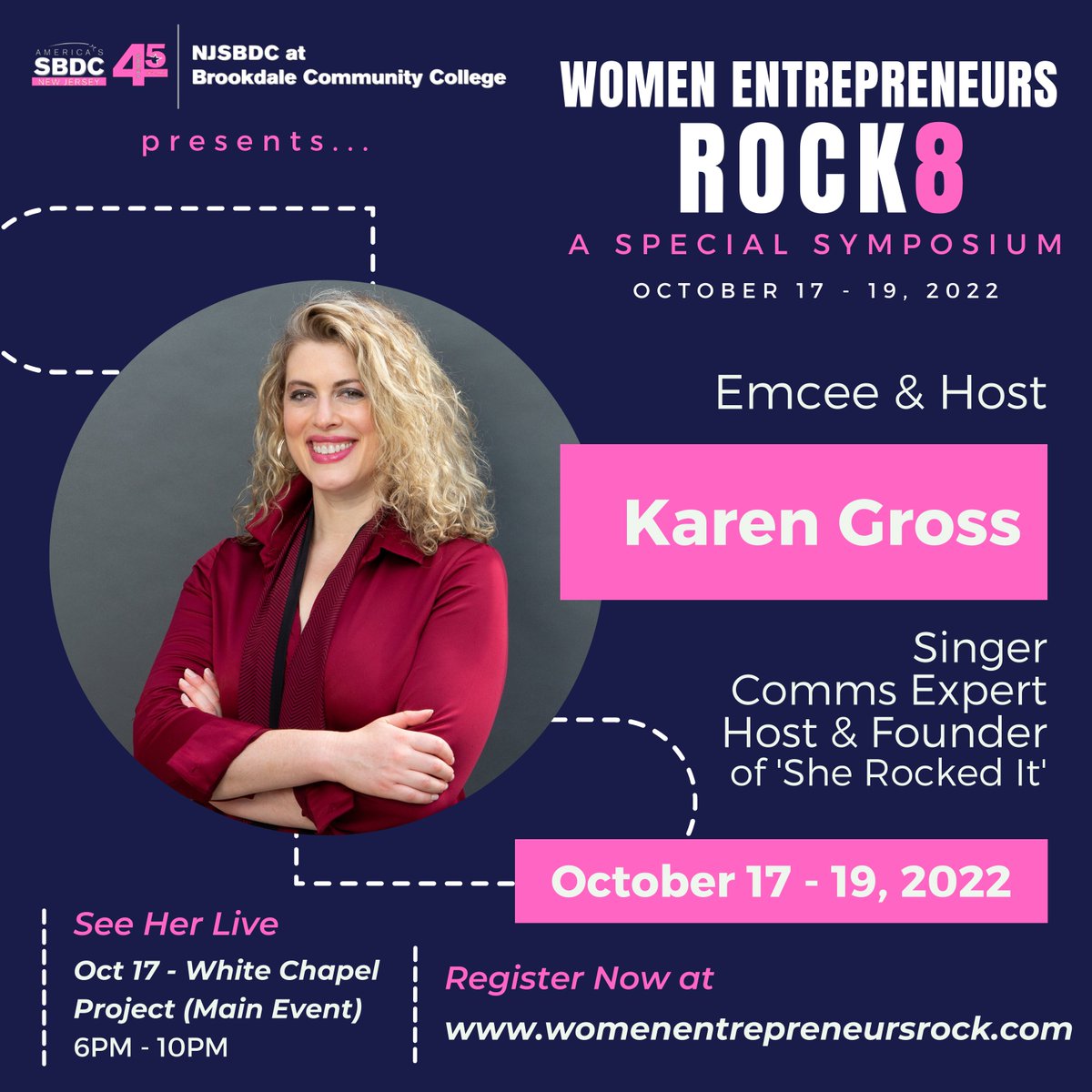 She's the hostess with the mostest - introduce yourselves to Women Entrepreneur Rocks 8's Emcee and Host - Karen Gross (Singer, Communications Experts, and Host/Founder of She Rocked It)

Want to see her LIVE on 10/17? Grab your ticket for $20 here: ce.brookdalecc.edu/search/publicC…

#NJ