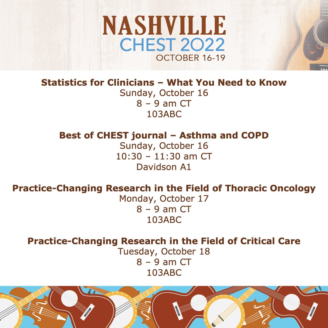 journal_CHEST's tweet photo. The #CHESTjournal has four sessions at #CHEST2022 this year! See the graphic for dates and times, and join us to hear about clinically impactful research. Save these sessions to your schedule in the CHEST Events App: https://t.co/UK4VfQK7Cl #journalCHEST https://t.co/QZTuizZphp