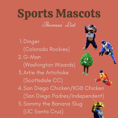 ListNight's tweet photo. Here are our lists from the 30th full-length #ListNight episode: Sports Mascots!

Which of these fun, nightmare-inducing, memeable characters speaks to you the most? VOTE for your favorite of these three lists and let us know who YOUR favorite sports mascot is!

#SportsMascots https://t.co/VY7jAPmHFC