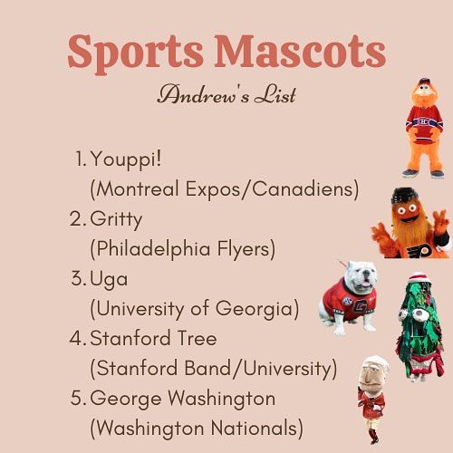 ListNight's tweet photo. Here are our lists from the 30th full-length #ListNight episode: Sports Mascots!

Which of these fun, nightmare-inducing, memeable characters speaks to you the most? VOTE for your favorite of these three lists and let us know who YOUR favorite sports mascot is!

#SportsMascots https://t.co/VY7jAPmHFC
