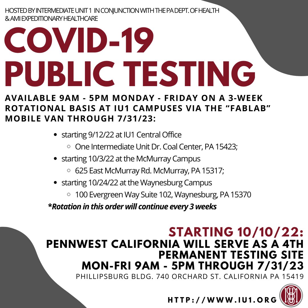 IU1Tweets's tweet photo. π¨See important information below about ongoing #COVID19 FREE testing sites currently being offered at Intermediate Unit 1 locations, as well as @PennWCalifornia
#PennWestCaifornia #PennWest #IntermediateUnit1 #IntermediateUnits #IU1 #covidtesting https://t.co/DyGCB0Io0T