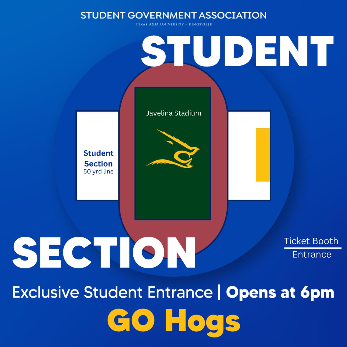 SGA is excited to launch the student section at Javelina Stadium. We hope to see you there on Saturday, October 15th for the homecoming football game!

#tamuksga #studentsection #freemerch