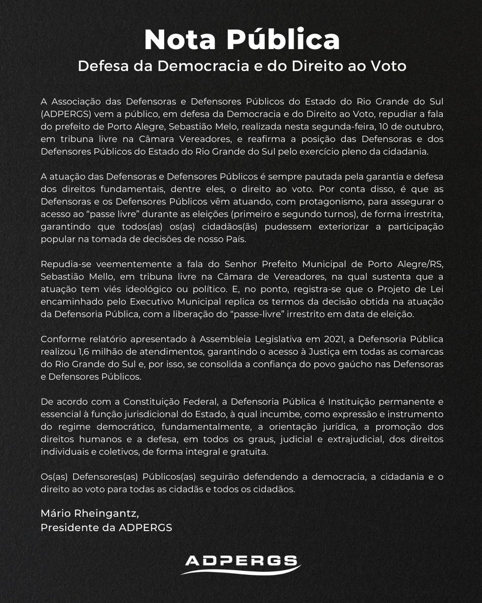 ADPERGS's tweet photo. ➡️ Nota Pública em Defesa da Democracia e do Direito ao Voto: A ADPERGS vem a público, em defesa da Democracia e do Direito ao Voto, repudiar a fala do prefeito de Porto Alegre, Sebastião Melo, realizada nesta segunda-feira, 10/10, na Câmara Vereadores 
https://t.co/g07zRo7WH0 https://t.co/B2KG2dsbso