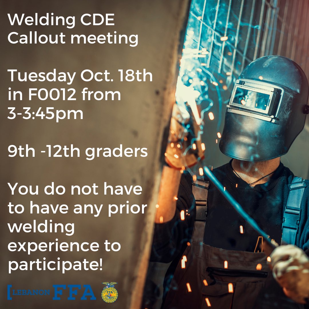 AgWithMissLee's tweet photo. Calling all FFA members who are aspiring welders! See Miss. Lee if you have any questions! Super excited to add this CDE this year! https://t.co/661FFeYcXJ