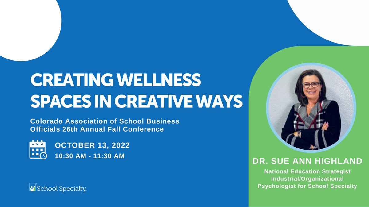 SchoolSpecialty's tweet photo. Join Dr. Sue Ann Highland's session at the Colorado Association of School Business Officials 26th Annual Fall Conference.

Thursday, October 13th at 10:30 MST.

https://t.co/cBlKsc5CNi https://t.co/fFOr1soauH