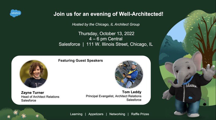 Join us this Thurs. 10/13 4-6pm @ Salesforce (Chicago in-person meeting) with speakers from the Salesforce Architect Relations Team! 
@zaynelt &amp; <a href="/tomruns_262/">Tom Leddy</a> will provide insights about all things Well-Architected and we will have time for networking. bit.ly/ChgArchs-OctMtg