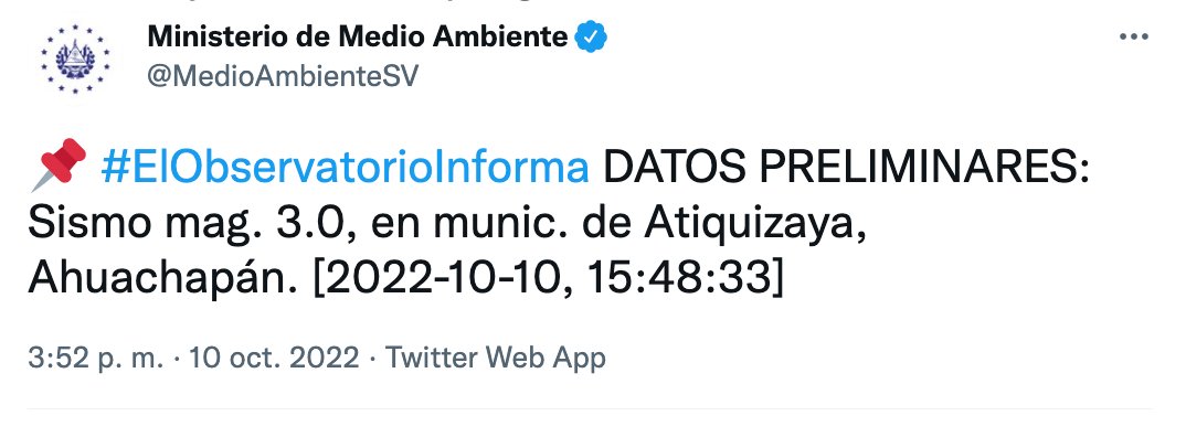 ESA_Noticias's tweet photo. Ministerio de Medio Ambiente informa Sismo de  magnitud  3.0, en municipio de Atiquizaya, Ahuachapán. https://t.co/3hck3qywDM