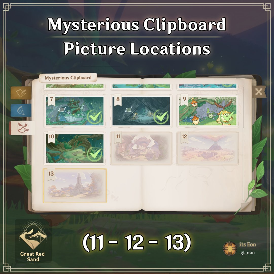 gt_eon's tweet photo. Today I bring you the updated photos for the "Mysterious Clipboard”  (11 -12 -13) I hope it helps you!🙏🦾
(1/3)
#Sumeru #GenshinImpact https://t.co/fWcGwA3aHn
