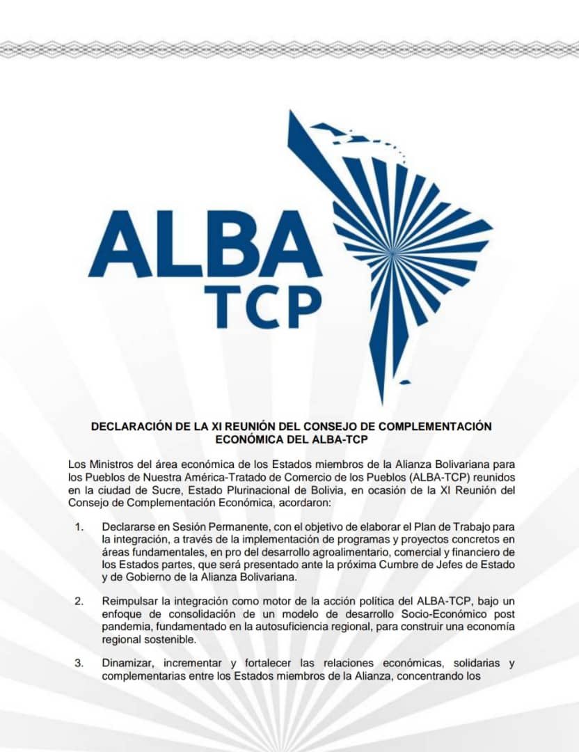 SachaLlorenti's tweet photo. Aquí la Declaración del XI Consejo de Complementación Económica del @ALBATCP.
#AlianzaParaLaVida https://t.co/ebSg2L2QV4