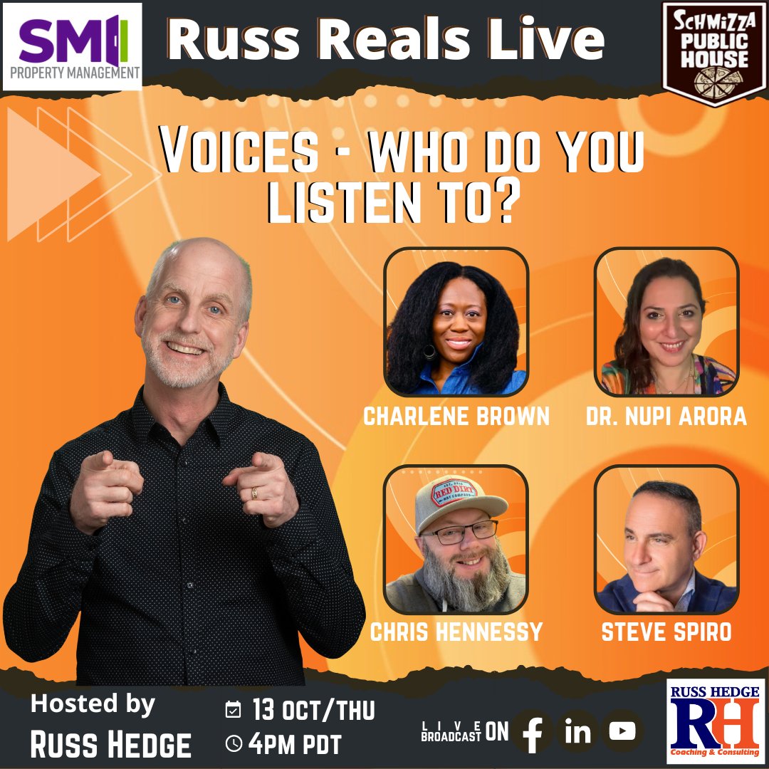 russhedge's tweet photo. Russ Reals Live: Voices โฆ Who Do You Listen To?
13 October, Thursday, 4pm PDT
Featuring Charlene Brown, Dr Nupi Arora, Chris Hennessy & Steve Spiro
Watch Here:
Li: https://t.co/QeeSfZ0H8h
Fb: https://t.co/0907KvsO9u
Yt: https://t.co/VXniz1D42J
#RussReals #InspirationSpecialist https://t.co/YSX8UqMxwe