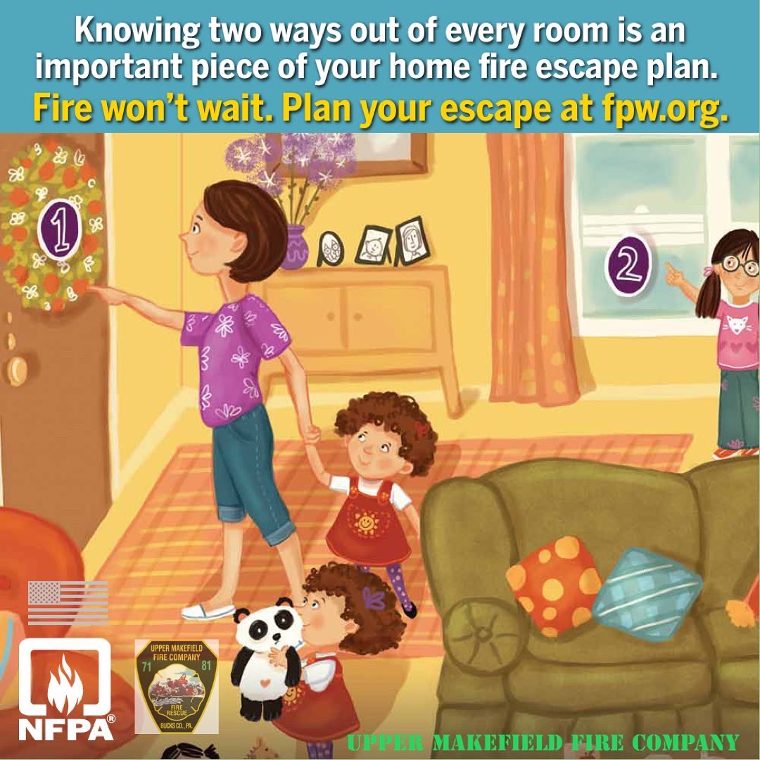 UMAKEFIRE's tweet photo. Do you have a fire escape plan with 2 ways out of every room ?  FIRE WON'T WAIT, PLAN YOUR ESCAPE.  Learn about this and more at the annual Upper Makefield Fire Co Fire Prevention Open House on Friday Oct 14th.  #protectinghistory #FirePreventionWeek https://t.co/JbhZwkAcwz