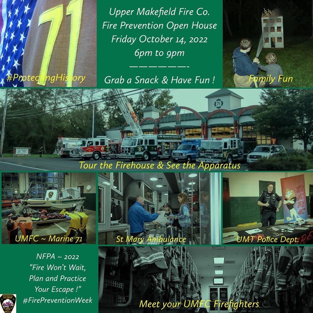 UMAKEFIRE's tweet photo. Do you have a fire escape plan with 2 ways out of every room ?  FIRE WON'T WAIT, PLAN YOUR ESCAPE.  Learn about this and more at the annual Upper Makefield Fire Co Fire Prevention Open House on Friday Oct 14th.  #protectinghistory #FirePreventionWeek https://t.co/JbhZwkAcwz