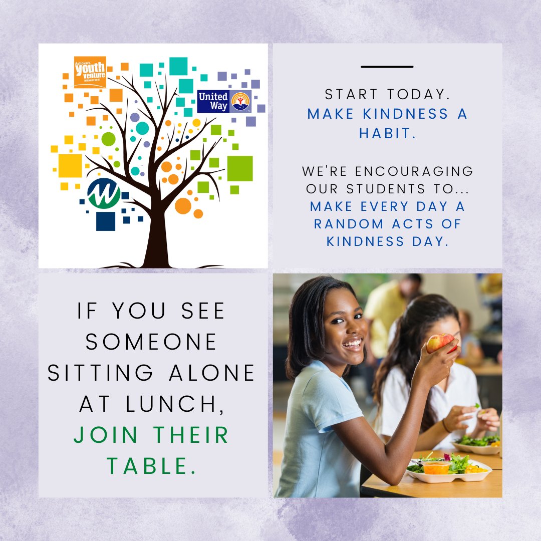 YouthVentureNCM's tweet photo. Here at UWYV, we're encouraging students to... 

💚 Make Every Day a Random Acts of Kindness Day 💜

Here's how 👇😉 #LittleThingsMakeABigDifference #BeKind https://t.co/NTo0wDiZIC