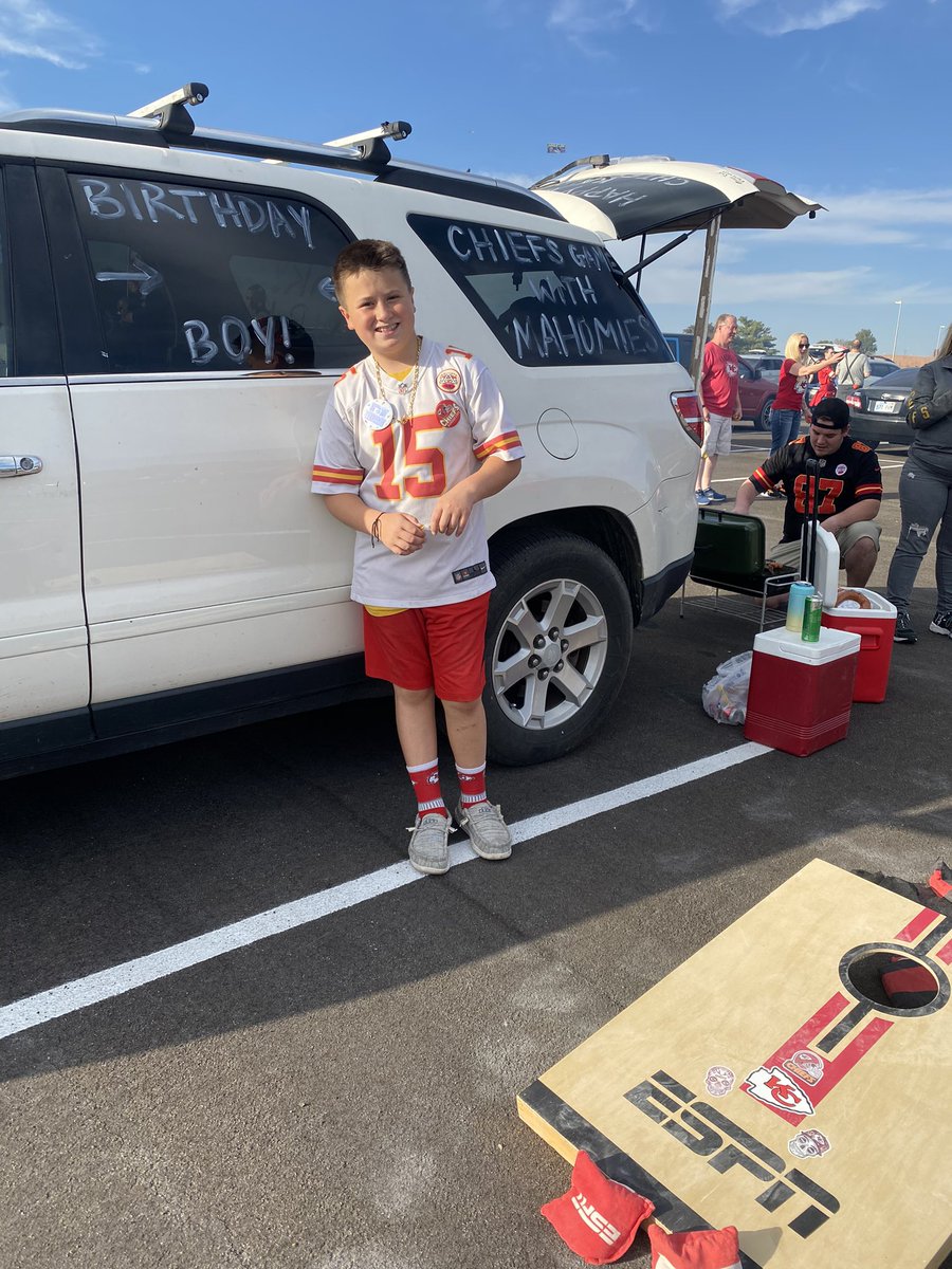 chantalier's tweet photo. We made it to the stadium!!! (Or at least the parking lot for the pre party!!!) 

This birthday boy is ready for the @Chiefs to take home the win! 
#TailgatingWithMahomies #Chiefs #ChiefsKingdom  #KaidensBirthdayWithMahomies https://t.co/z5pMQeMtuH