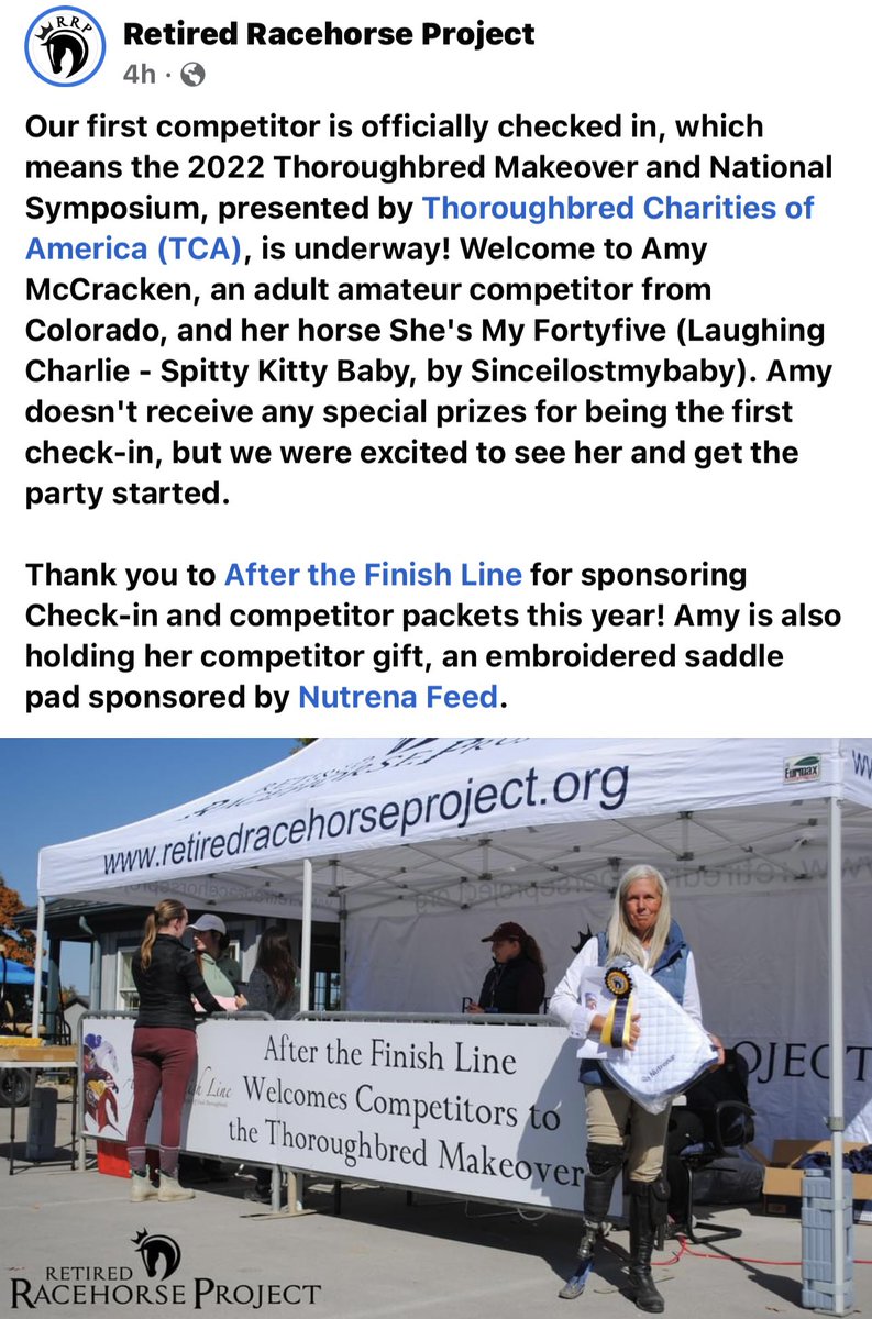 AfterFinishLine's tweet photo. We ❤️ Off Track Thoroughbreds! Happy to sponsor the Check-in and competitor packets again this year at the @RRP_TBMakeover. Excited to watch our 10 #Calbreds compete. https://t.co/myAZlgaPyP