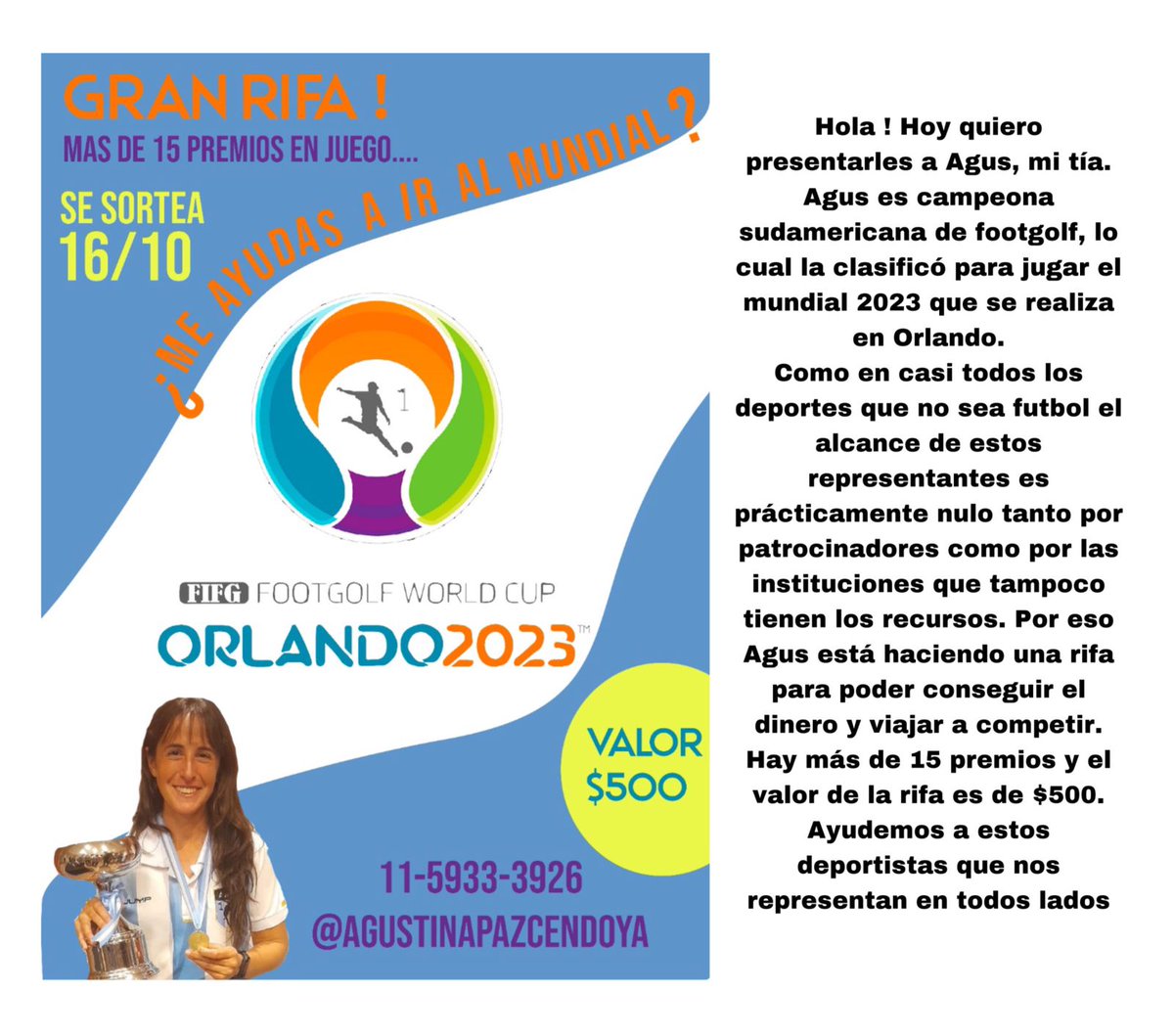GCirillano's tweet photo. Mundo Twitter. Necesitamos ayuda de ustedes para que Agus pueda ir a representar a Argentina al mundial de footgolf. Se que las cosas están difíciles, si no pueden colaborar con una rifa con un rt nos ayudan un montón. Muchas gracias ! https://t.co/3NbCgaihxm