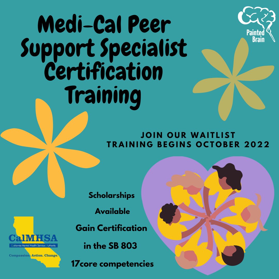 ThePaintedBrain's tweet image. Peer support services are Medi-Cal billable! Painted Brain is pleased to announce we are an approved vendor for Medi-Cal Peer Support Specialist Certification.
For more information on how to get training. 
Sign up here &amp;gt;&amp;gt; 

paintedbrain.org/peer-support-s…  #PeerSupport #PeerCertification