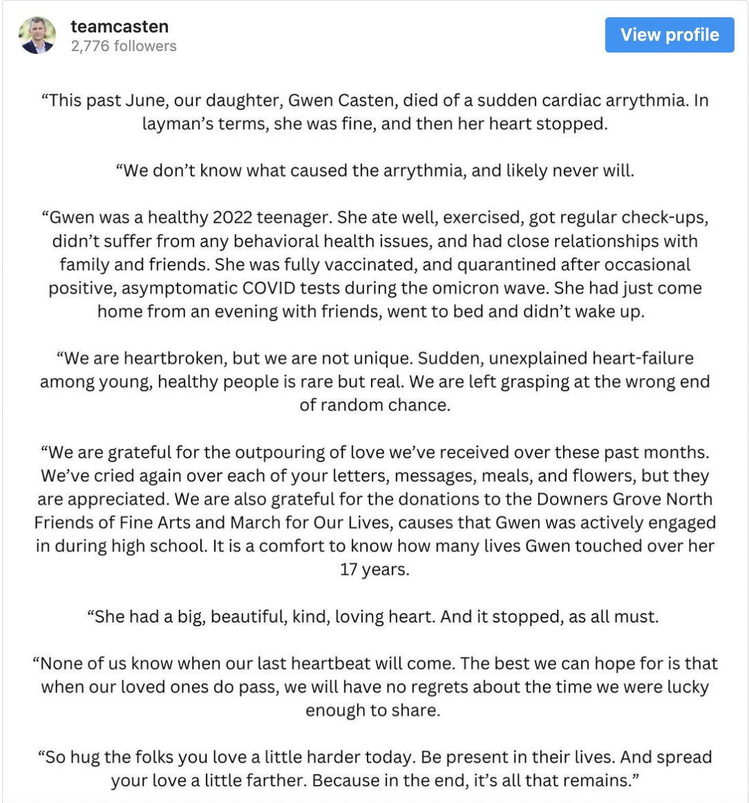 ChandiChapman's tweet photo. @alexmeshkin I found Rep Casten's statement so odd... the fact that he mentions multiple COVID infections but then seems to imply that, because she was healthy, fully vaccinated, and quarantined properly, her death must have just been random bad luck? https://t.co/k9UbH352WL