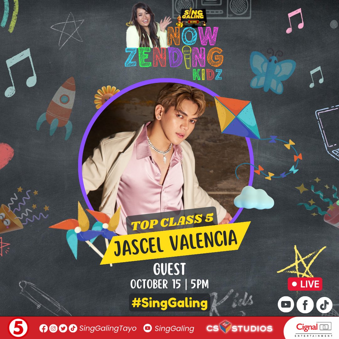 SingGalingTayo's tweet photo. Mga kaawitbahay, makakasama natin ang Top Class 5 (@topclassofc) na sina Gilly, Dean, Jascel, Jeff at Lex ngayong sabado sa #NowZendingKidz! 🥰 https://t.co/kGgvYAuRw2