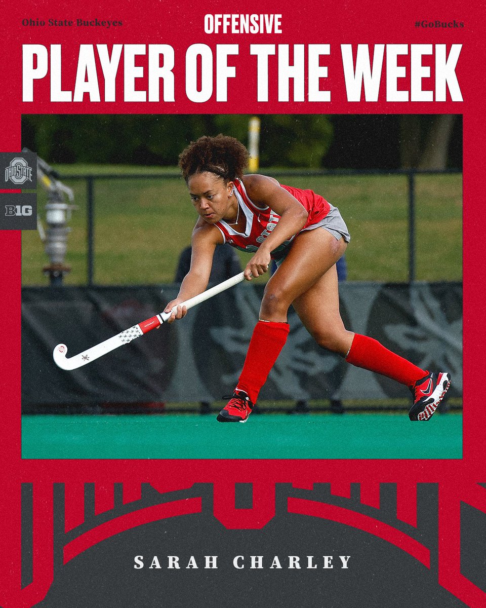 OhioStateFH's tweet photo. After scoring four goals and adding two assists in a pair of wins, it's easy to see why Sarah Charley is this week's @bigten Offensive Player of the Week ‼️

#GoBucks https://t.co/oKENz6SAmr