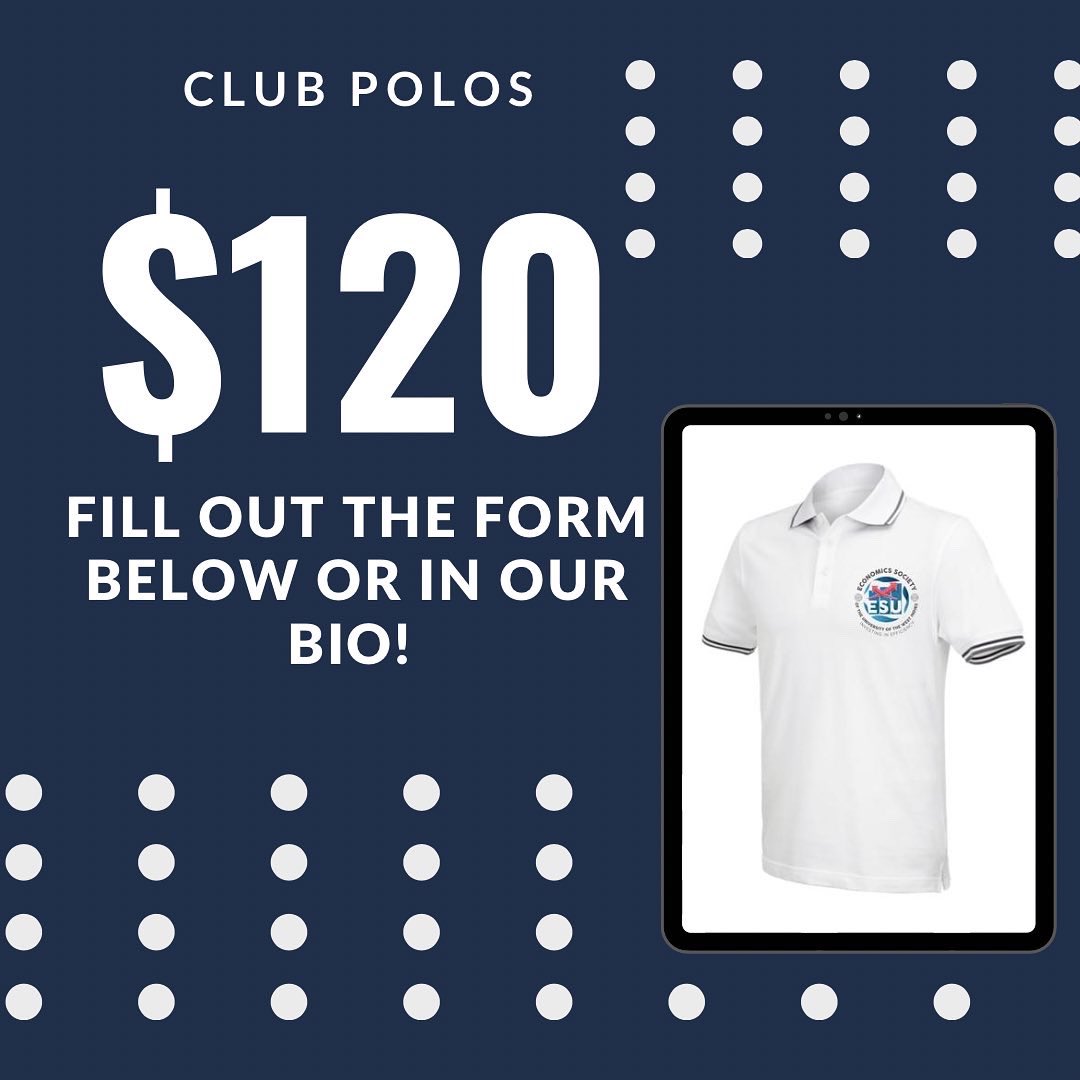 econsocietysta's tweet photo. Calling all members📲 🚨 Get your ESU branded polo through the link below or in our bio. Sizes S-3XL available. 

https://t.co/nt4pf6Wrcp https://t.co/3oC6O69Gvx