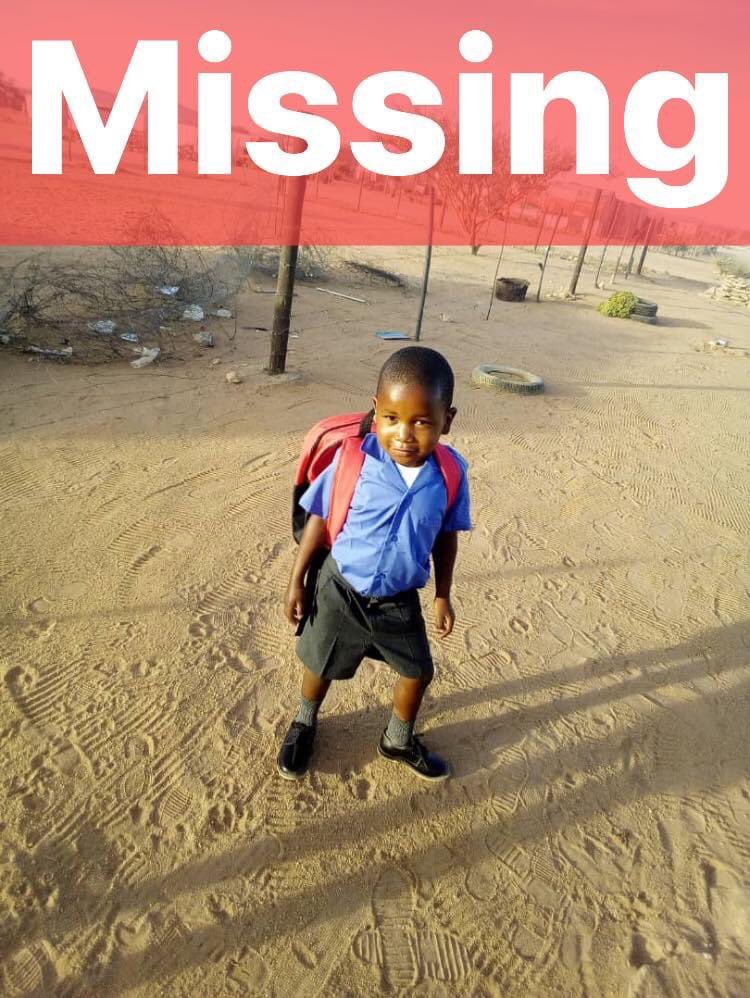 MISSING‼️

6-YEAR-OLD Adrian Myne Oswyn went missing from his home at the Harambee Location, KARIBIB where he stays with his mother on Monday, 3 October.

Adrian is light in complexion, and speaks Oshiwambo, Damara and Nama. He was last seen wearing a yellow T-shirt &amp; grey shorts