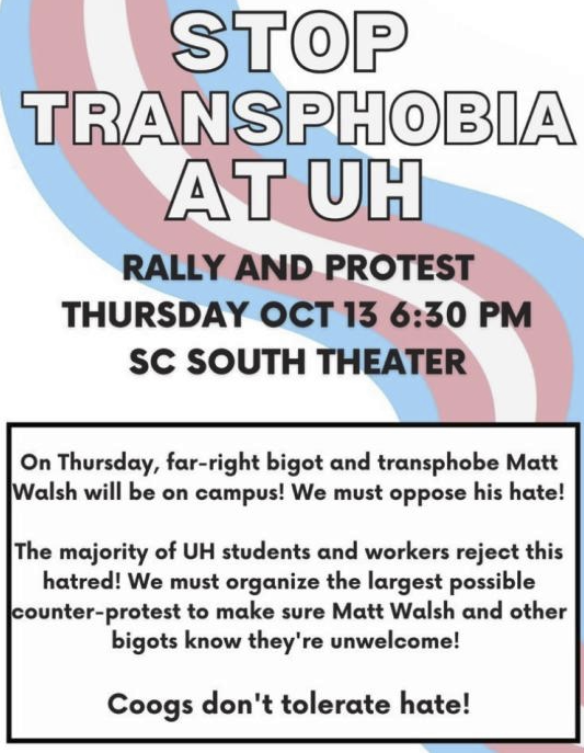 SpaceCityAO's tweet photo. On Thursday, October 13th, University of Houston students are mobilizing in protest against virulent transphobe Matt Walsh on Campus. Join in solidarity with University of Houston students as they stand against transphobia!

Please share widely! https://t.co/UqtSpaa0GB