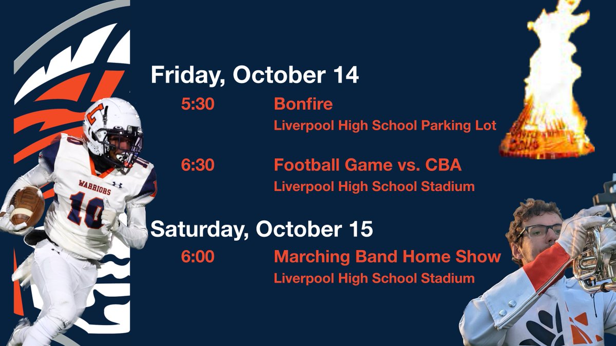 Liverpool Community - Join us for a bonfire this Friday night before the football game in the high school parking lot. The weather forecast looks perfect! Then, on Saturday, come support our defending state champion marching band!