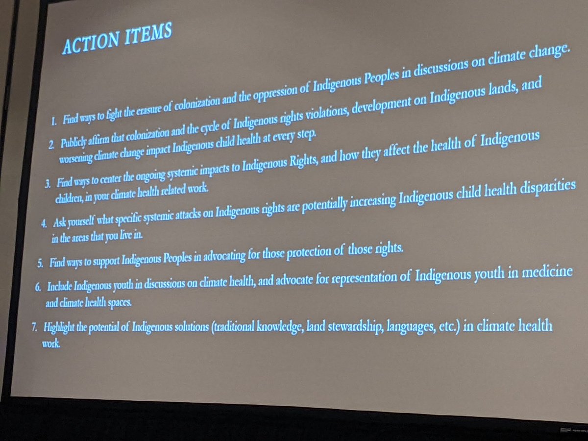 Action items from @vlocarmen, including publicly stating that colonization has worsened climate change, thereby impacting Indigenous child health.